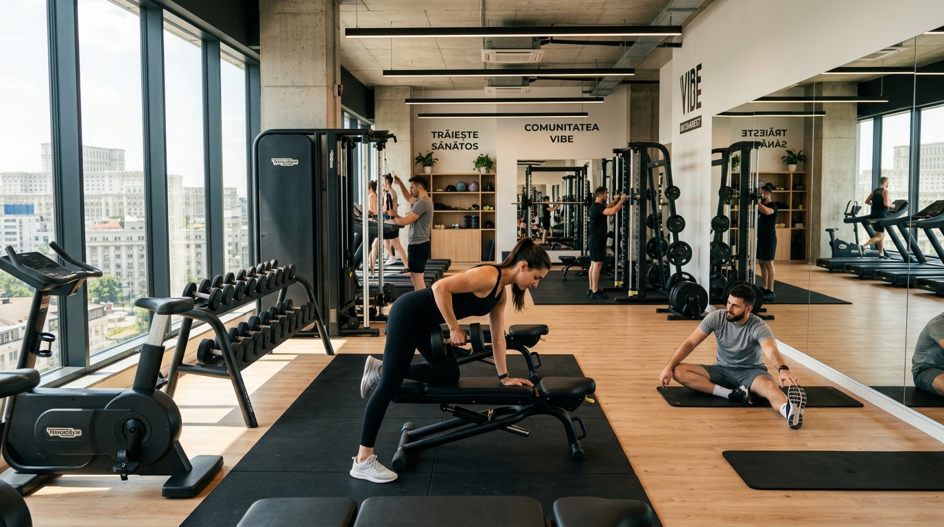 Antrenament de fitness într-o sală modernă cu echipamente variate