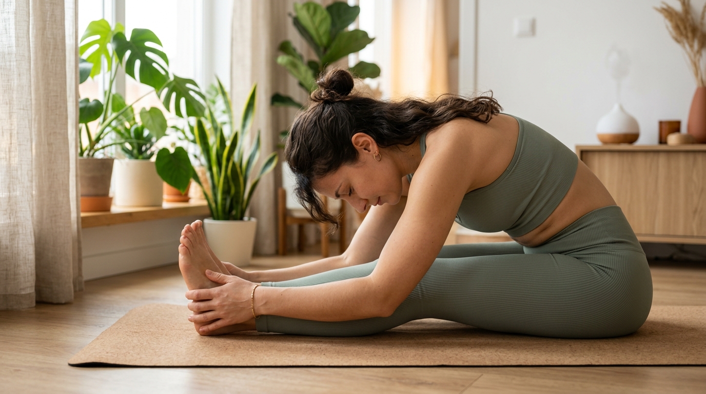 Persoană care face stretching și exerciții de recuperare pe un covoraș de yoga